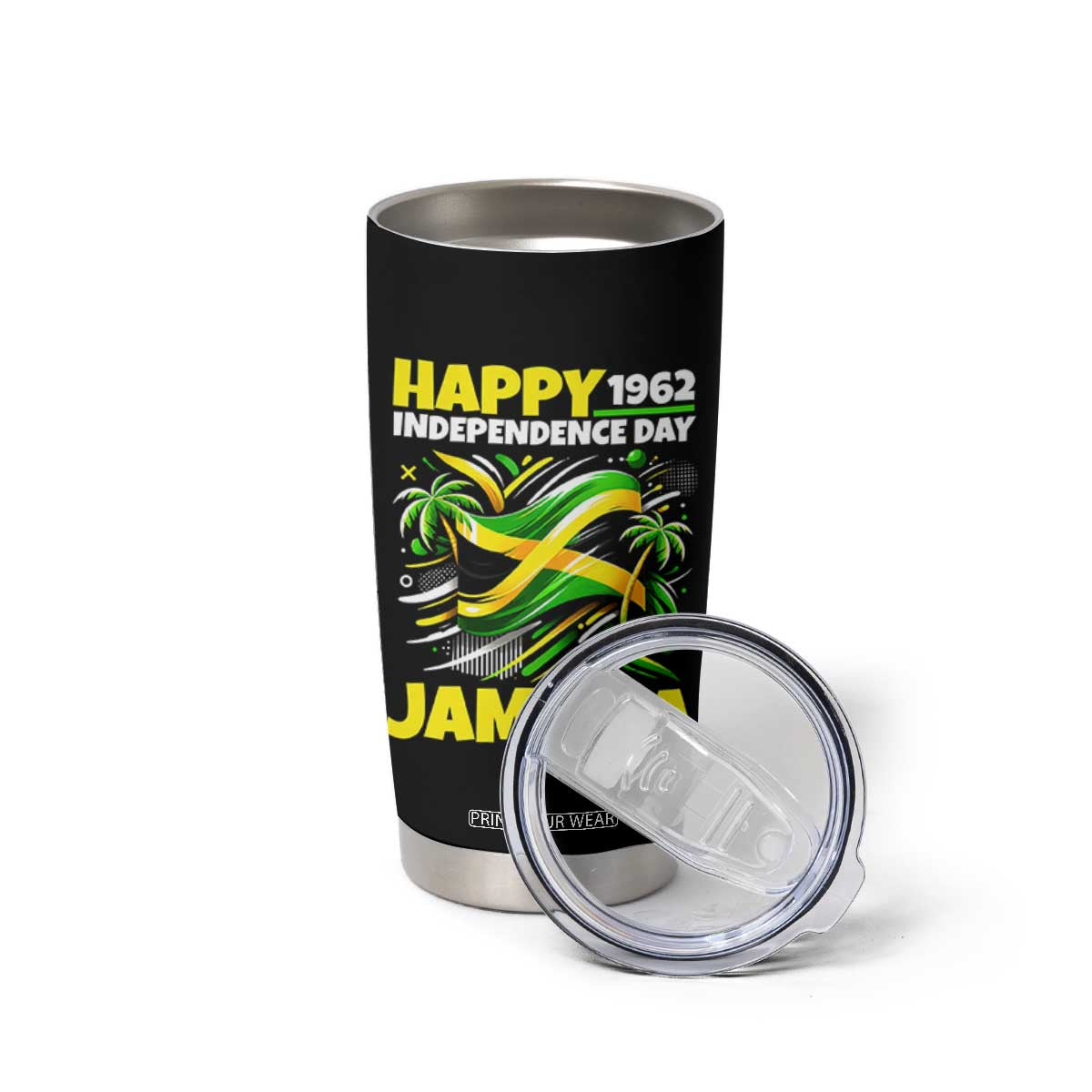Happy Jamaican Independence Day 1962 Graphic Tumbler Cup Jamaica Waving Flag and Palm Trees Caribbean Pride