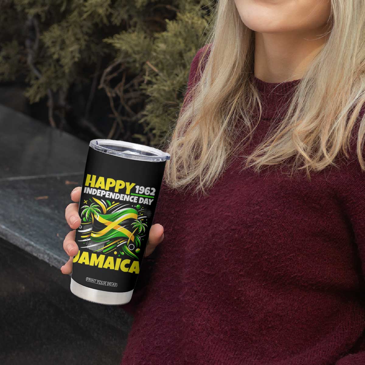 Happy Jamaican Independence Day 1962 Graphic Tumbler Cup Jamaica Waving Flag and Palm Trees Caribbean Pride
