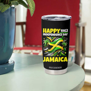Happy Jamaican Independence Day 1962 Graphic Tumbler Cup Jamaica Waving Flag and Palm Trees Caribbean Pride