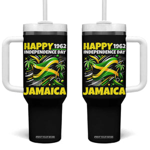 Happy Jamaican Independence Day 1962 Graphic Tumbler With Handle Jamaica Waving Flag and Palm Trees Caribbean Pride