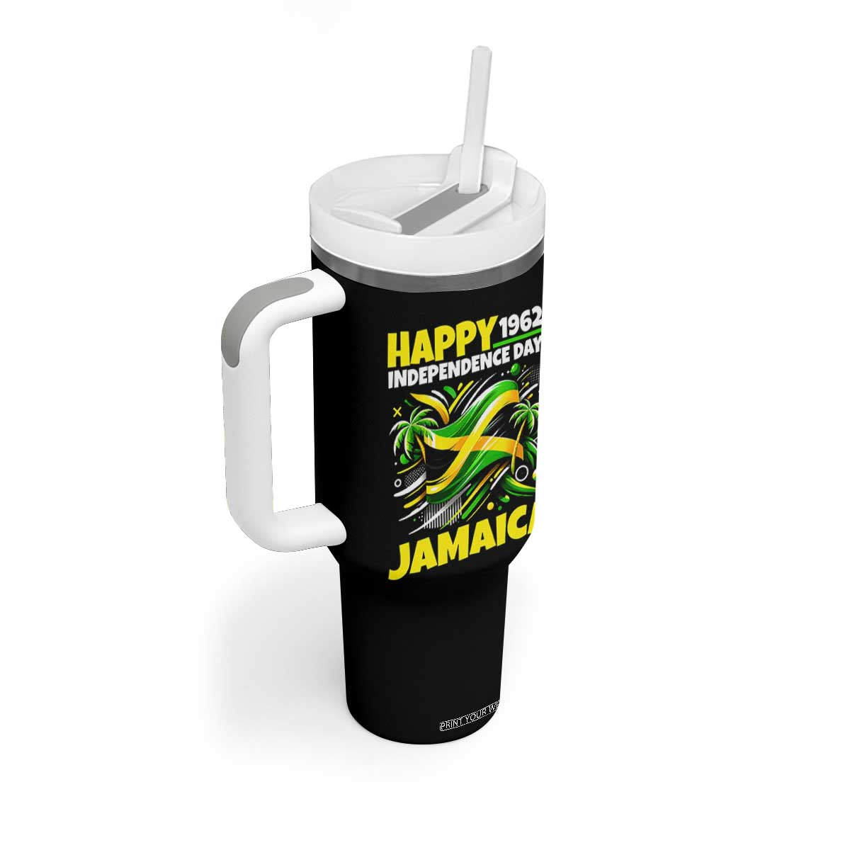 Happy Jamaican Independence Day 1962 Graphic Tumbler With Handle Jamaica Waving Flag and Palm Trees Caribbean Pride