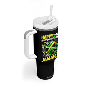 Happy Jamaican Independence Day 1962 Graphic Tumbler With Handle Jamaica Waving Flag and Palm Trees Caribbean Pride