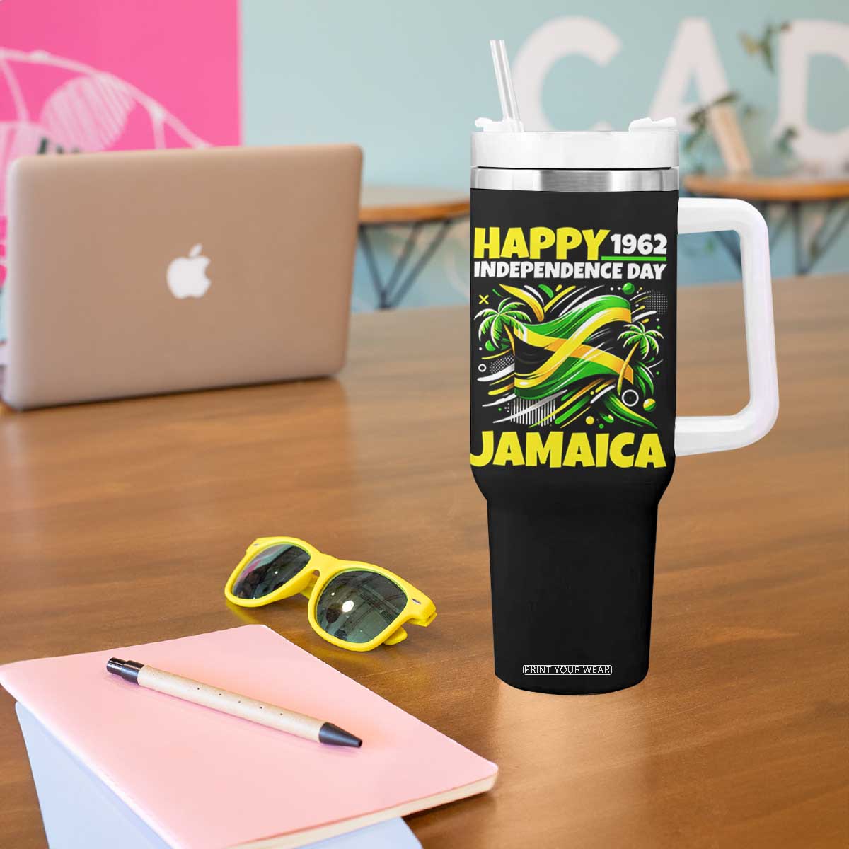 Happy Jamaican Independence Day 1962 Graphic Tumbler With Handle Jamaica Waving Flag and Palm Trees Caribbean Pride