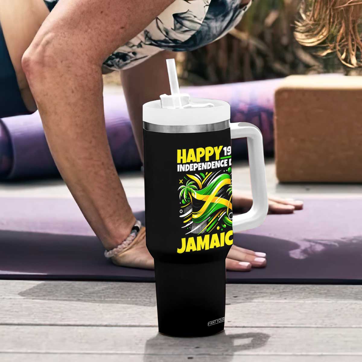 Happy Jamaican Independence Day 1962 Graphic Tumbler With Handle Jamaica Waving Flag and Palm Trees Caribbean Pride
