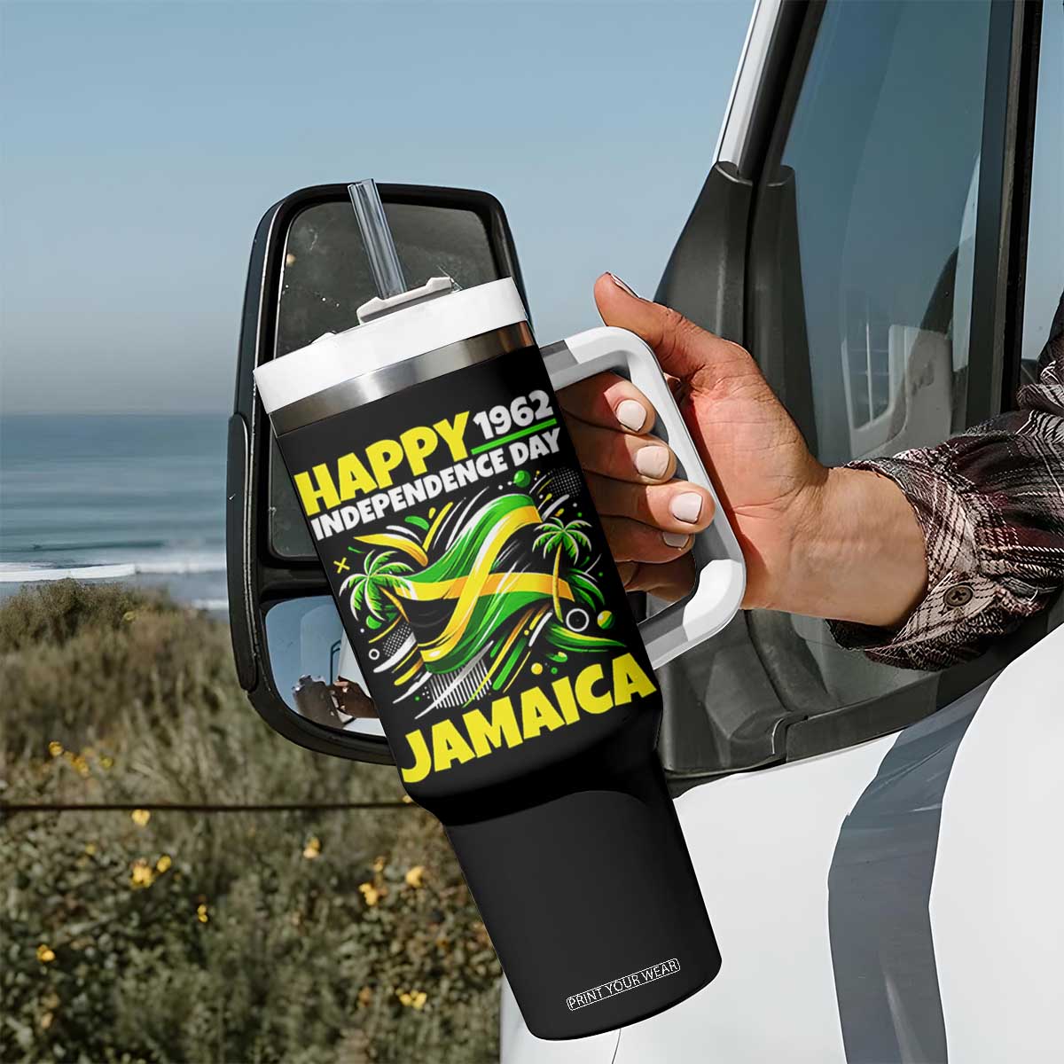 Happy Jamaican Independence Day 1962 Graphic Tumbler With Handle Jamaica Waving Flag and Palm Trees Caribbean Pride