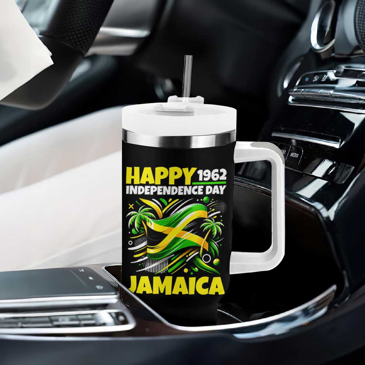 Happy Jamaican Independence Day 1962 Graphic Tumbler With Handle Jamaica Waving Flag and Palm Trees Caribbean Pride