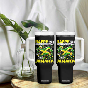 Happy Jamaican Independence Day 1962 Graphic Tumbler With Handle Jamaica Waving Flag and Palm Trees Caribbean Pride