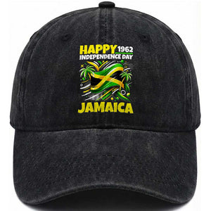 Happy Jamaican Independence Day 1962 Graphic Washed Cotton Baseball Cap Jamaica Waving Flag and Palm Trees Caribbean Pride