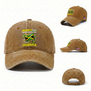 Happy Jamaican Independence Day 1962 Graphic Washed Cotton Baseball Cap Jamaica Waving Flag and Palm Trees Caribbean Pride