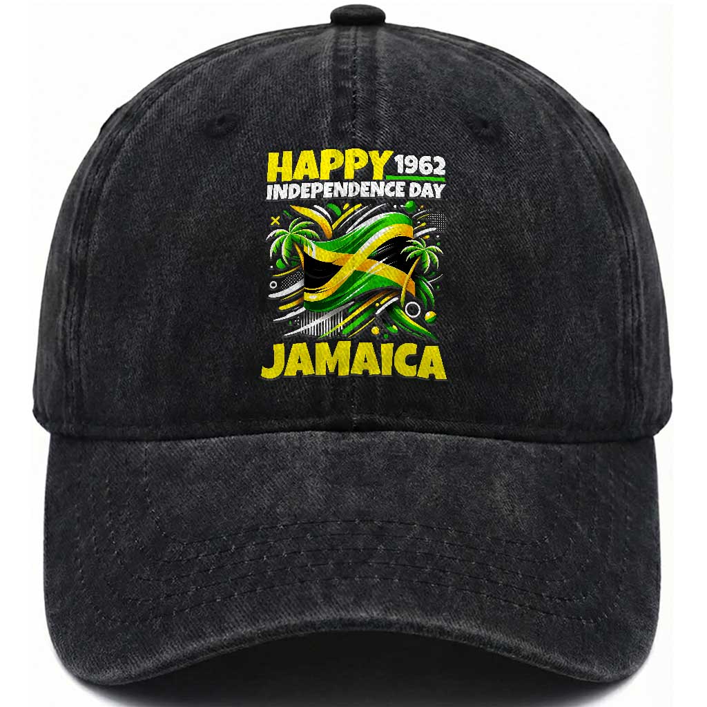 Happy Jamaican Independence Day 1962 Graphic Washed Cotton Baseball Cap Jamaica Waving Flag and Palm Trees Caribbean Pride TS02 Print Your Wear
