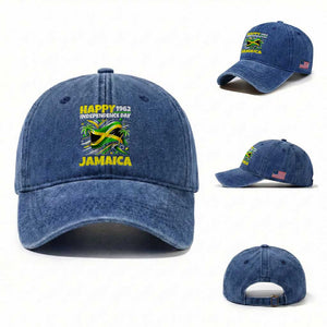 Happy Jamaican Independence Day 1962 Graphic Washed Cotton Baseball Cap Jamaica Waving Flag and Palm Trees Caribbean Pride