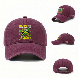 Happy Jamaican Independence Day 1962 Graphic Washed Cotton Baseball Cap Jamaica Waving Flag and Palm Trees Caribbean Pride