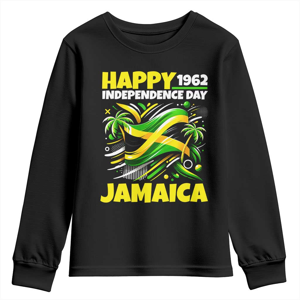Happy Jamaican Independence Day 1962 Graphic Youth Sweatshirt Jamaica Waving Flag and Palm Trees Caribbean Pride TS02 Black Print Your Wear