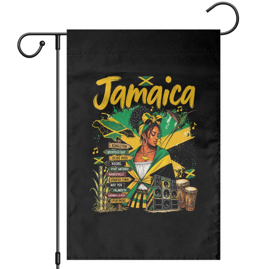 Proud Jamaican Queen Jamaica Roots Heritage Garden Flag Doctor Bird and Island Landmarks Graphic