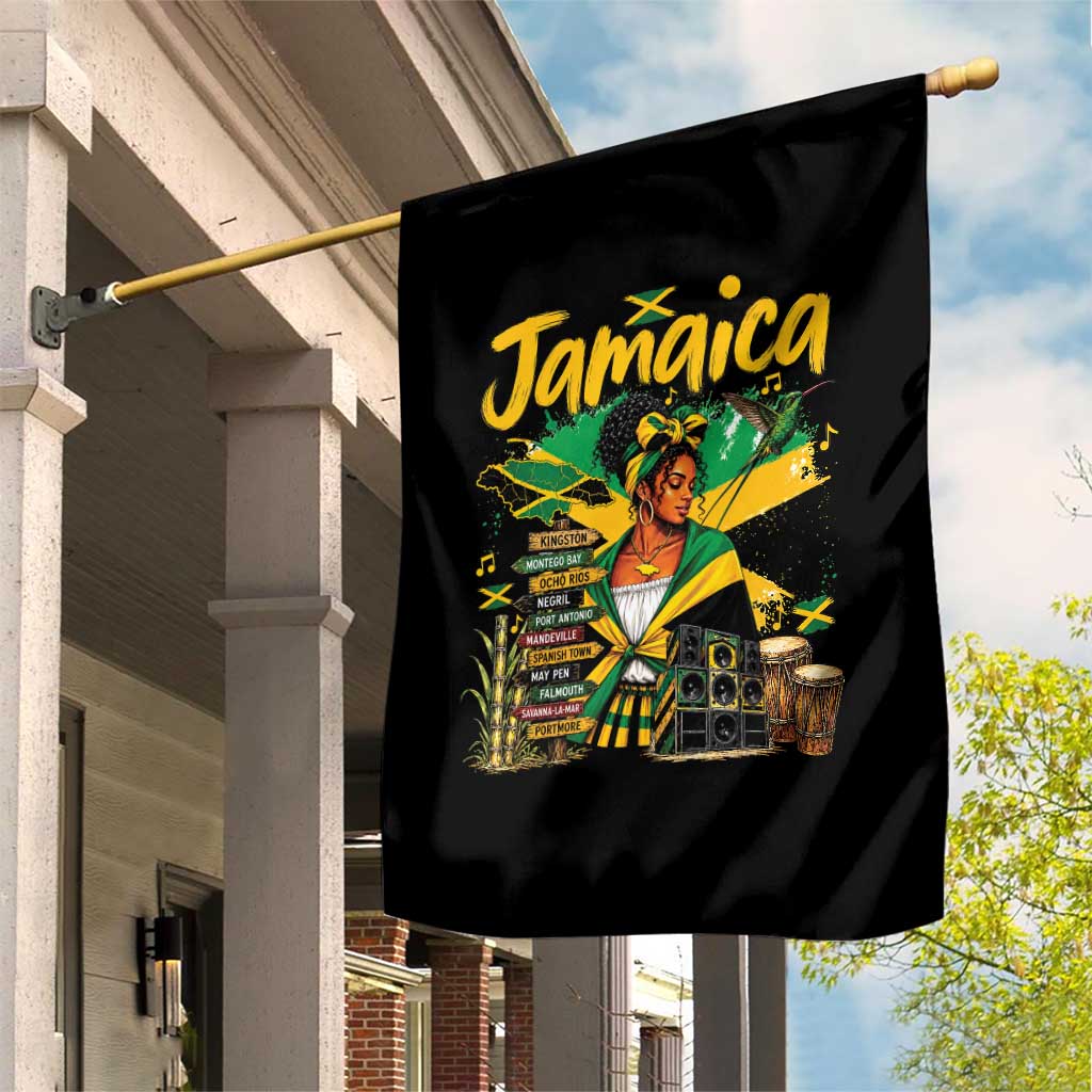 Proud Jamaican Queen Jamaica Roots Heritage Garden Flag Doctor Bird and Island Landmarks Graphic