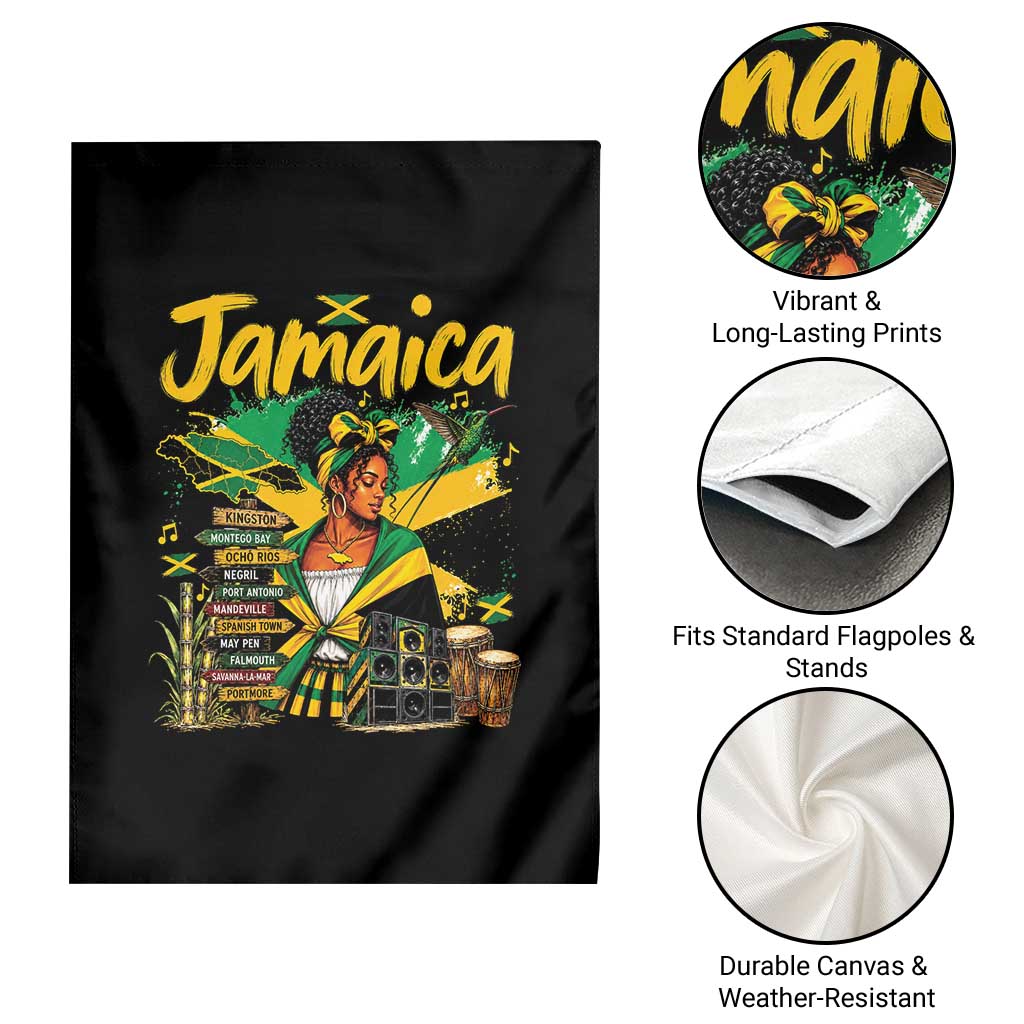 Proud Jamaican Queen Jamaica Roots Heritage Garden Flag Doctor Bird and Island Landmarks Graphic