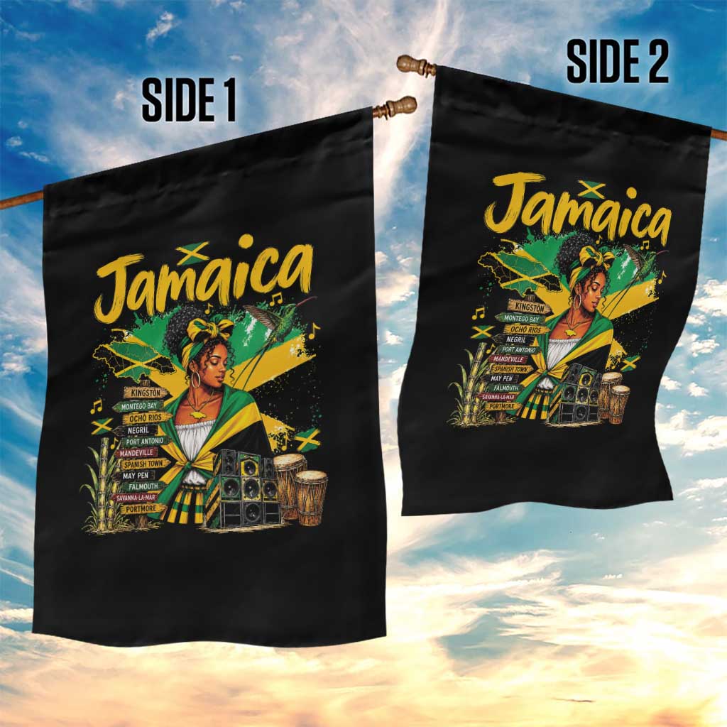 Proud Jamaican Queen Jamaica Roots Heritage Garden Flag Doctor Bird and Island Landmarks Graphic