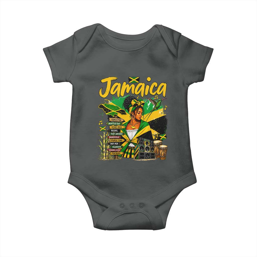 Proud Jamaican Queen Jamaica Roots Heritage Baby Onesie Doctor Bird and Island Landmarks Graphic