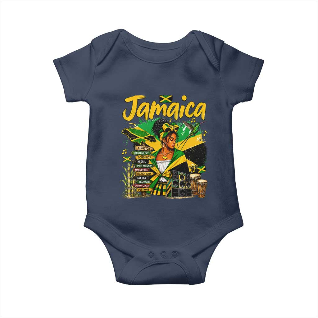 Proud Jamaican Queen Jamaica Roots Heritage Baby Onesie Doctor Bird and Island Landmarks Graphic