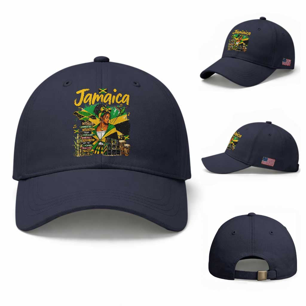 Proud Jamaican Queen Jamaica Roots Heritage Baseball Cap Doctor Bird and Island Landmarks Graphic
