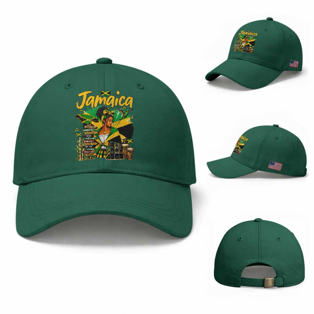 Proud Jamaican Queen Jamaica Roots Heritage Baseball Cap Doctor Bird and Island Landmarks Graphic