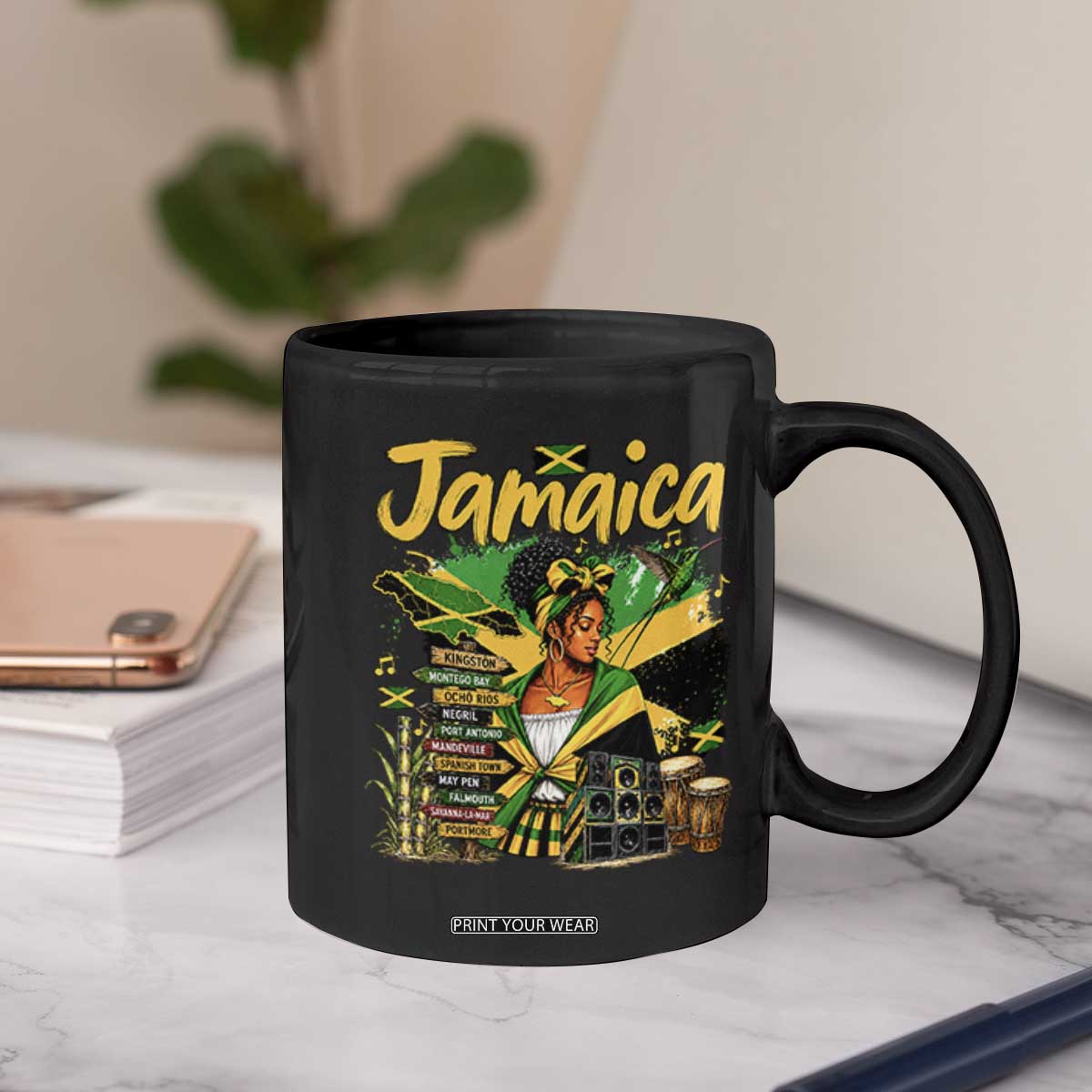 Proud Jamaican Queen Jamaica Roots Heritage Coffee Mug Doctor Bird and Island Landmarks Graphic