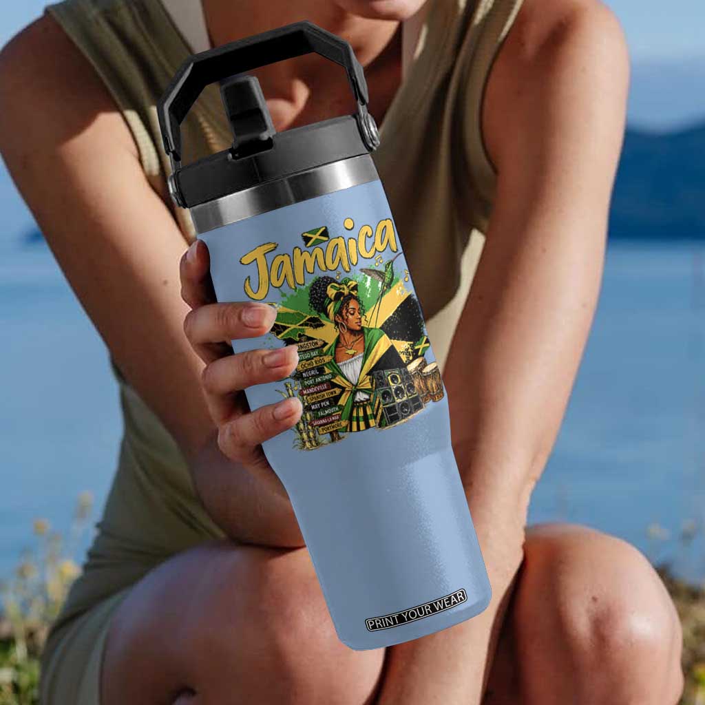 Proud Jamaican Queen Jamaica Roots Heritage Flip Straw Tumbler Doctor Bird and Island Landmarks Graphic