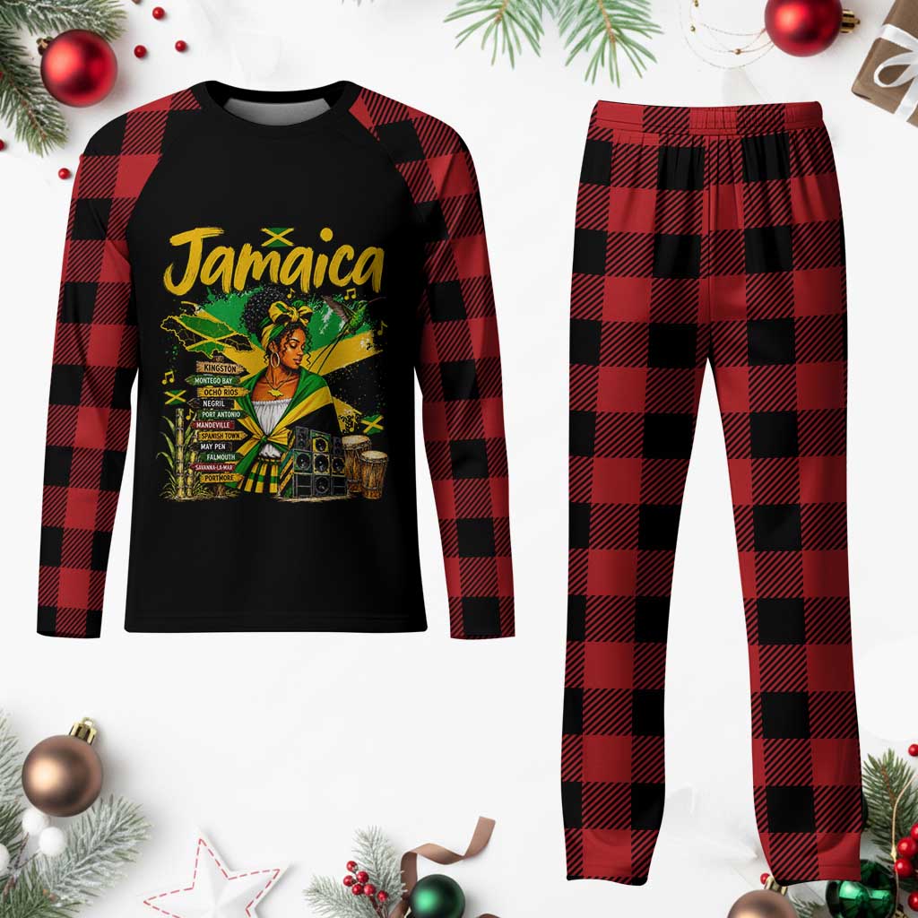 Proud Jamaican Queen Jamaica Roots Heritage Plaid Pajama Set Doctor Bird and Island Landmarks Graphic