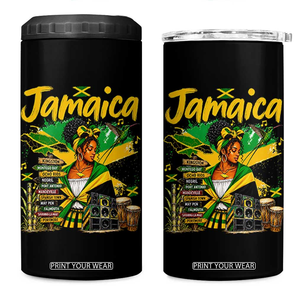 Proud Jamaican Queen Jamaica Roots Heritage 4 in 1 Can Cooler Tumbler Doctor Bird and Island Landmarks Graphic