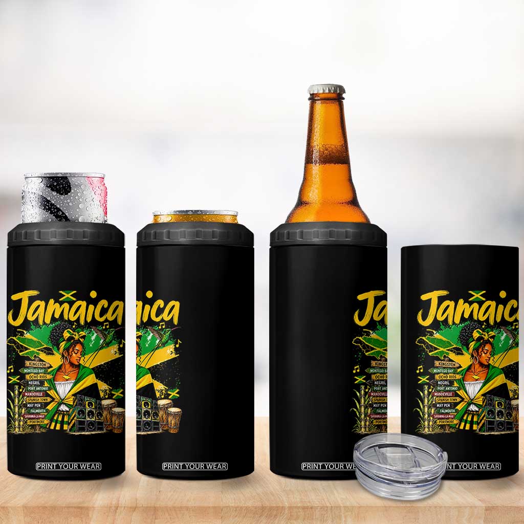 Proud Jamaican Queen Jamaica Roots Heritage 4 in 1 Can Cooler Tumbler Doctor Bird and Island Landmarks Graphic