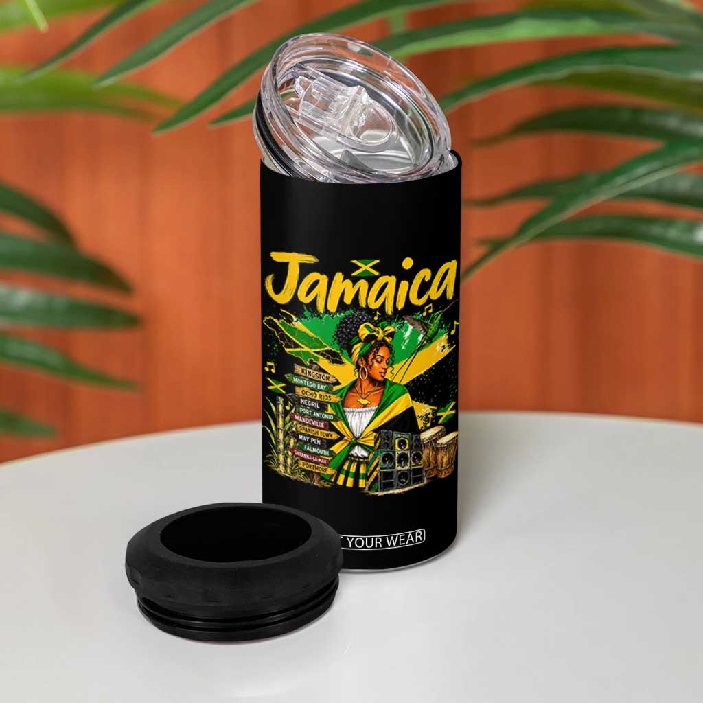 Proud Jamaican Queen Jamaica Roots Heritage 4 in 1 Can Cooler Tumbler Doctor Bird and Island Landmarks Graphic
