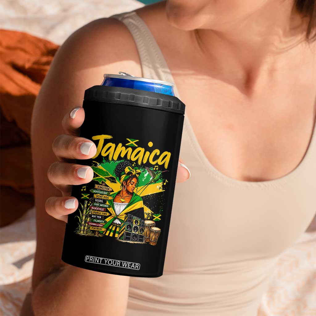 Proud Jamaican Queen Jamaica Roots Heritage 4 in 1 Can Cooler Tumbler Doctor Bird and Island Landmarks Graphic