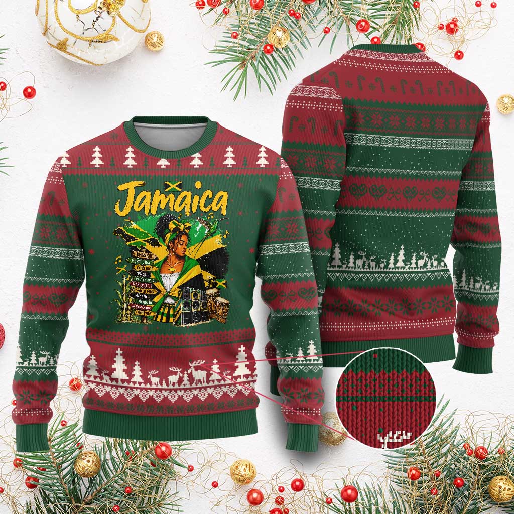 Proud Jamaican Queen Jamaica Roots Heritage Ugly Christmas Sweater Doctor Bird and Island Landmarks Graphic