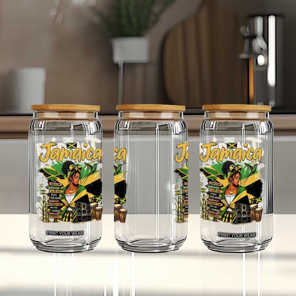 Proud Jamaican Queen Jamaica Roots Heritage Glass Can Doctor Bird and Island Landmarks Graphic