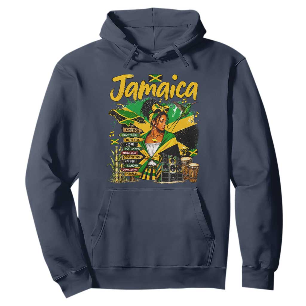 Proud Jamaican Queen Jamaica Roots Heritage Hoodie Doctor Bird and Island Landmarks Graphic