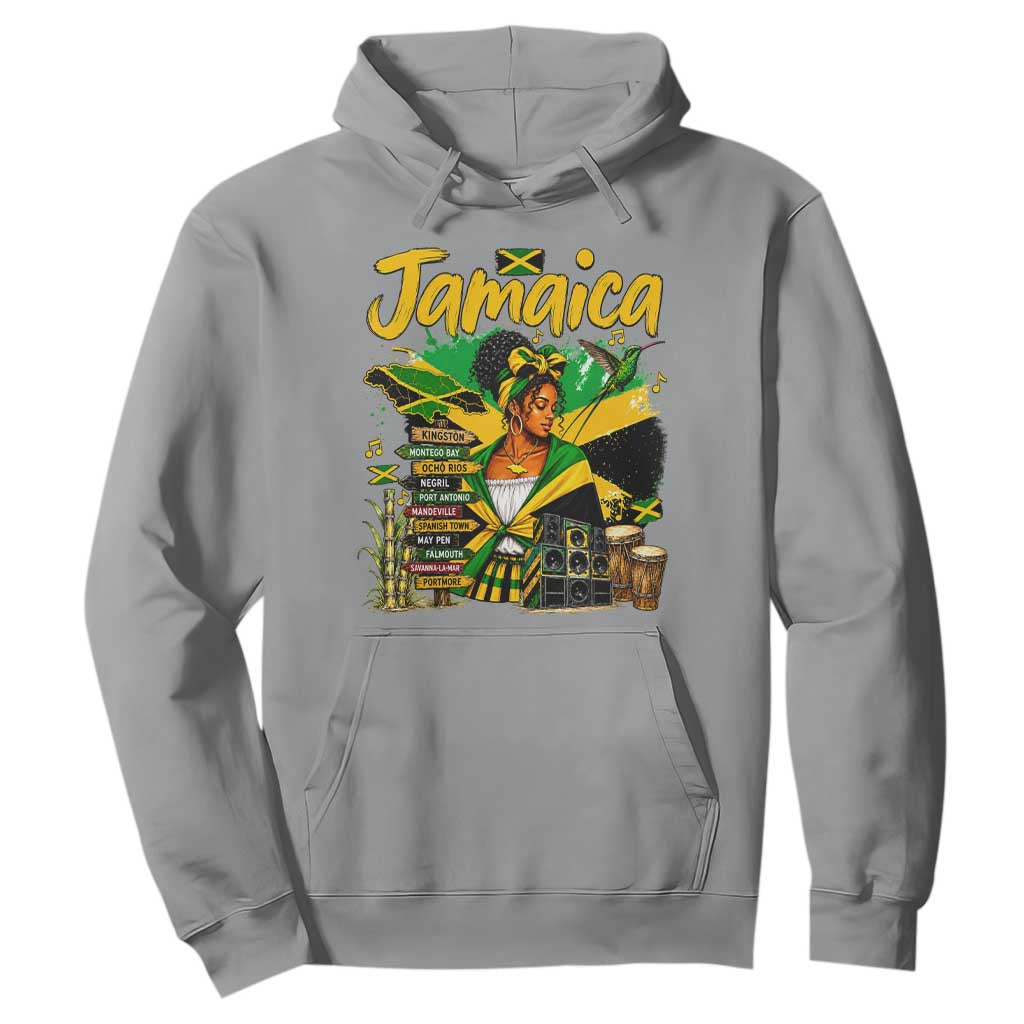 Proud Jamaican Queen Jamaica Roots Heritage Hoodie Doctor Bird and Island Landmarks Graphic