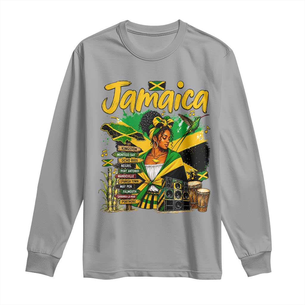 Proud Jamaican Queen Jamaica Roots Heritage Long Sleeve Shirt Doctor Bird and Island Landmarks Graphic