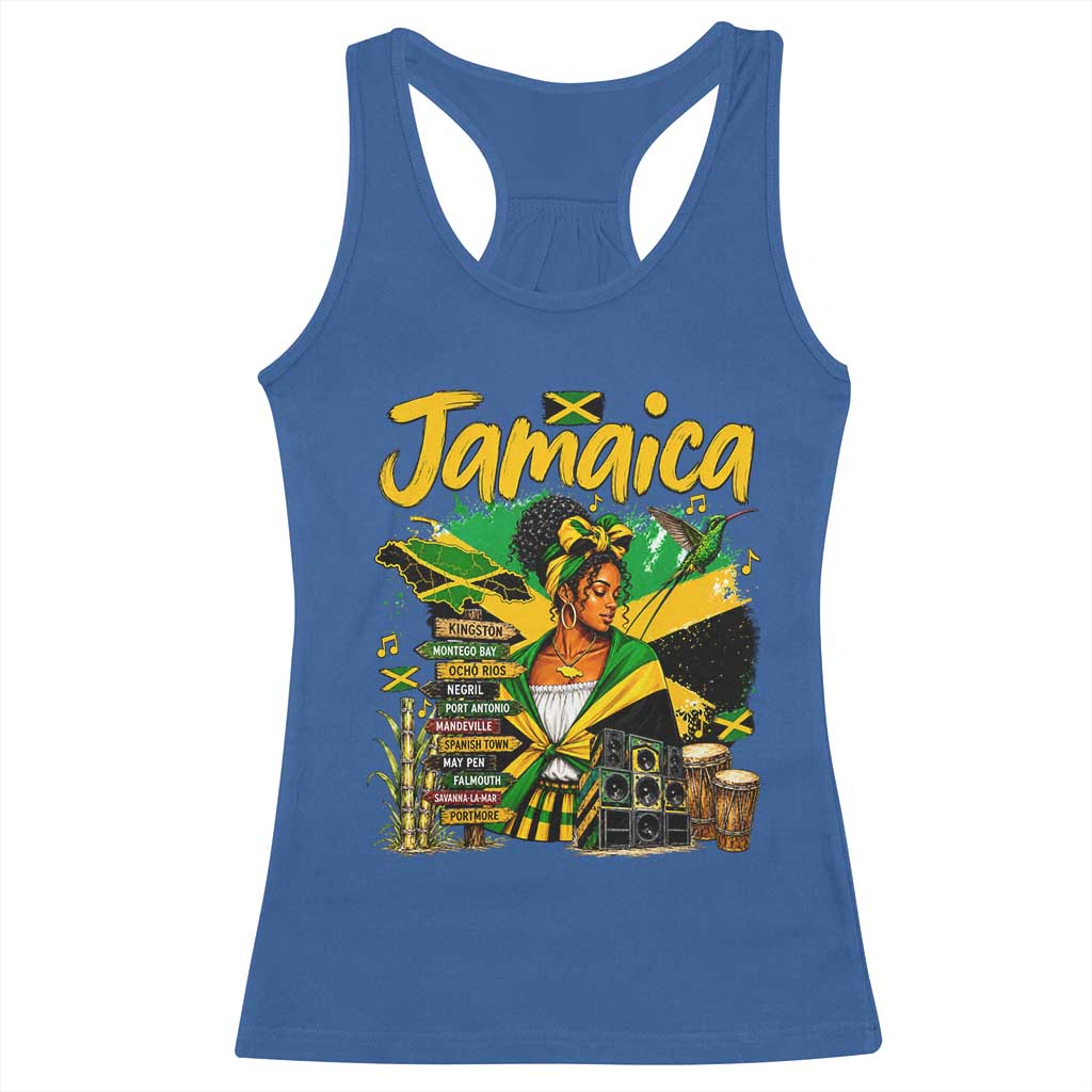 Proud Jamaican Queen Jamaica Roots Heritage Racerback Tank Top Doctor Bird and Island Landmarks Graphic