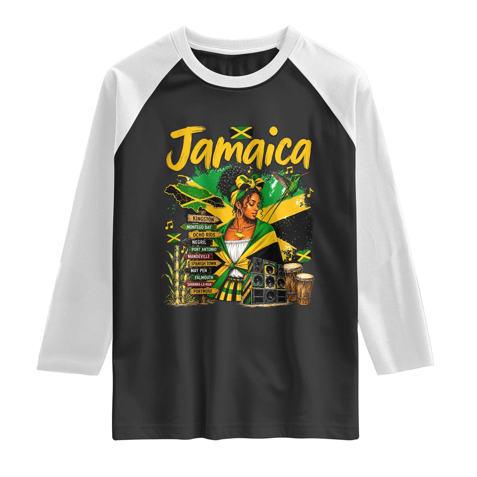 Proud Jamaican Queen Jamaica Roots Heritage Raglan Shirt Doctor Bird and Island Landmarks Graphic
