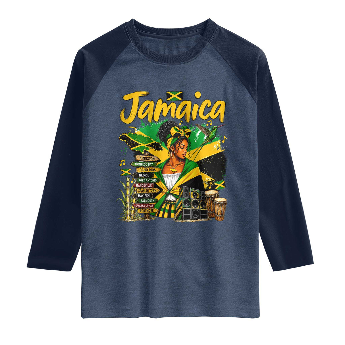 Proud Jamaican Queen Jamaica Roots Heritage Raglan Shirt Doctor Bird and Island Landmarks Graphic