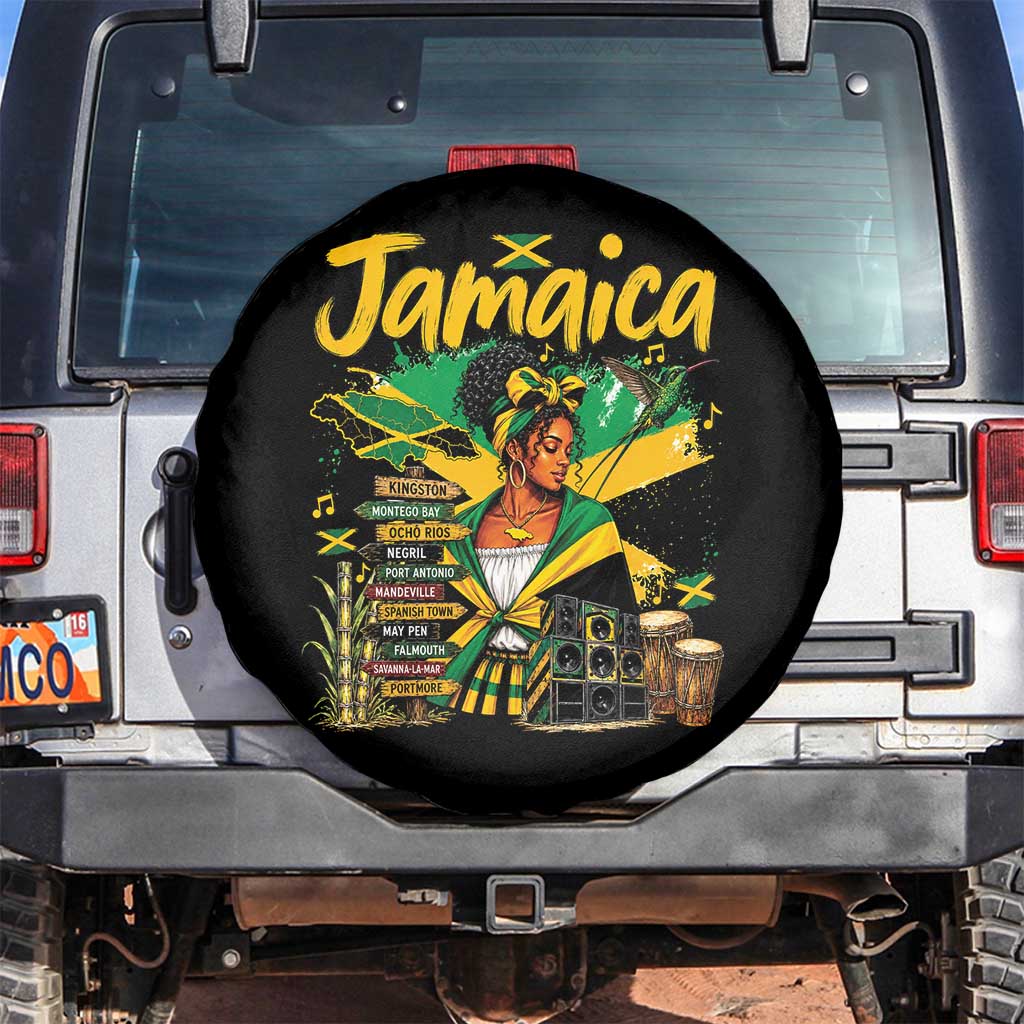 Proud Jamaican Queen Jamaica Roots Heritage Spare Tire Cover Doctor Bird and Island Landmarks Graphic TS02 No hole Black Print Your Wear
