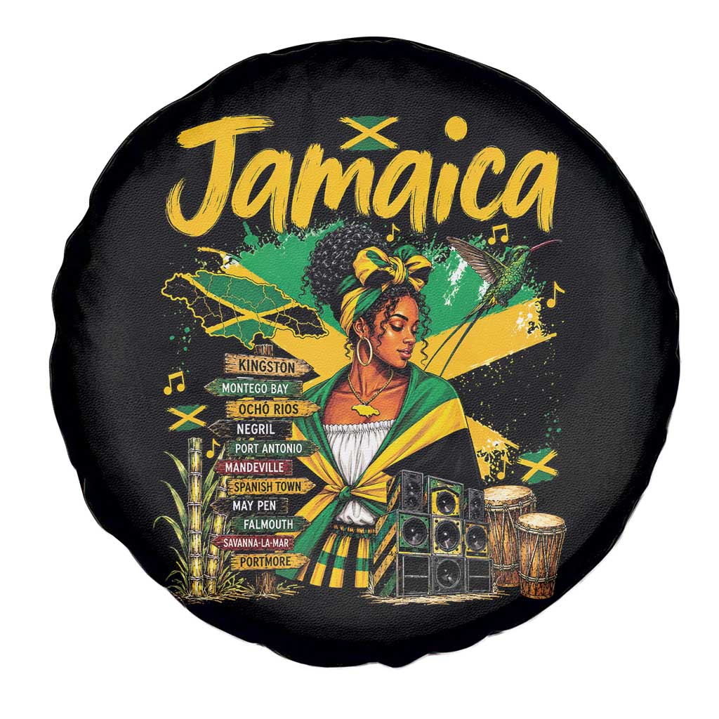 Proud Jamaican Queen Jamaica Roots Heritage Spare Tire Cover Doctor Bird and Island Landmarks Graphic