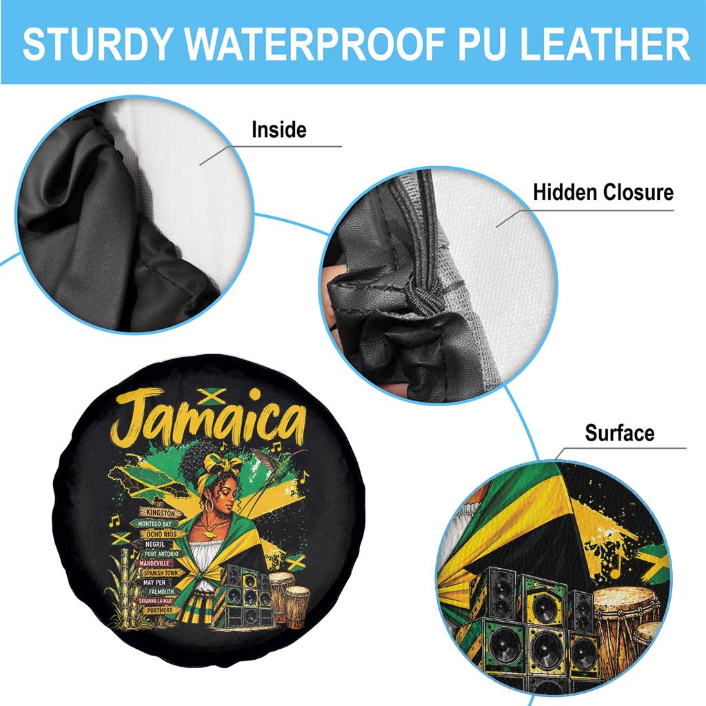 Proud Jamaican Queen Jamaica Roots Heritage Spare Tire Cover Doctor Bird and Island Landmarks Graphic