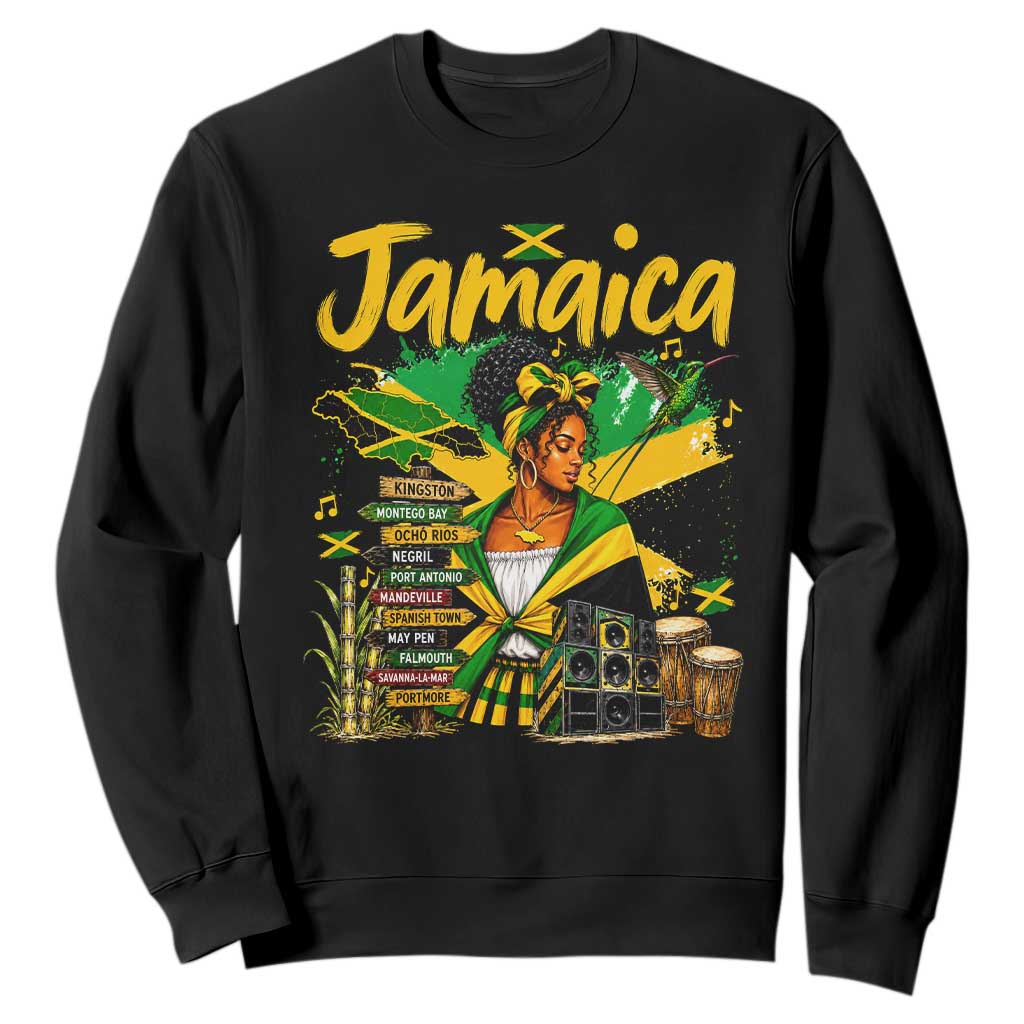 Proud Jamaican Queen Jamaica Roots Heritage Sweatshirt Doctor Bird and Island Landmarks Graphic