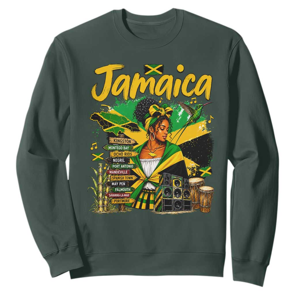 Proud Jamaican Queen Jamaica Roots Heritage Sweatshirt Doctor Bird and Island Landmarks Graphic