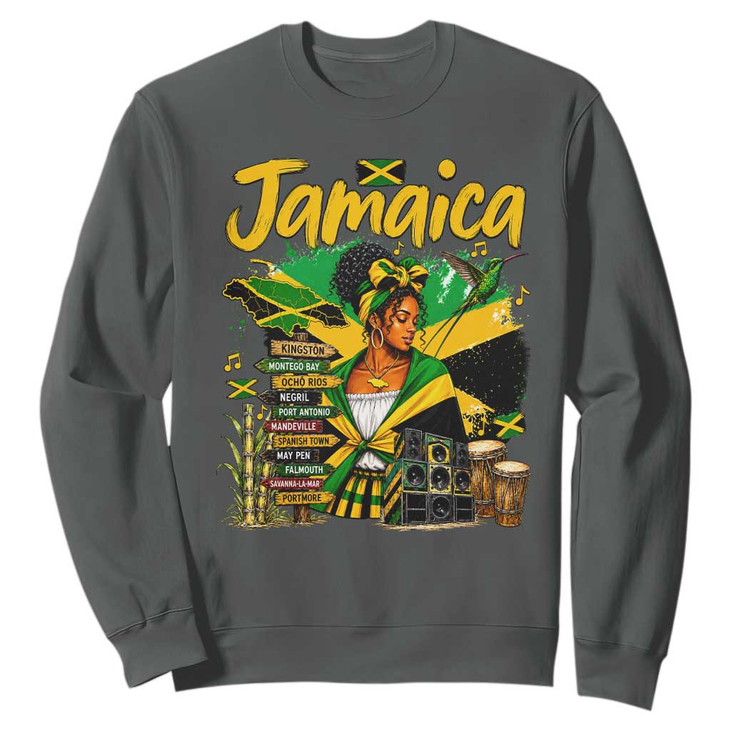 Proud Jamaican Queen Jamaica Roots Heritage Sweatshirt Doctor Bird and Island Landmarks Graphic