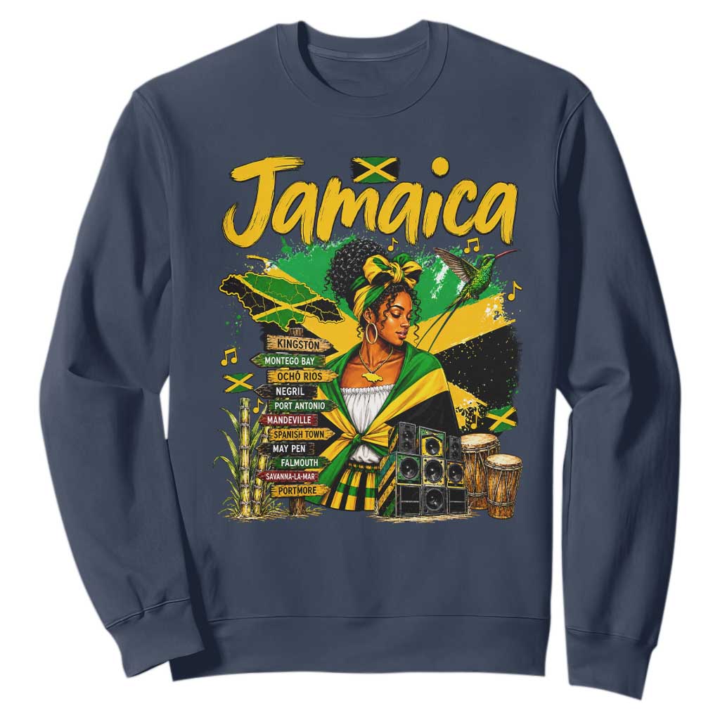 Proud Jamaican Queen Jamaica Roots Heritage Sweatshirt Doctor Bird and Island Landmarks Graphic