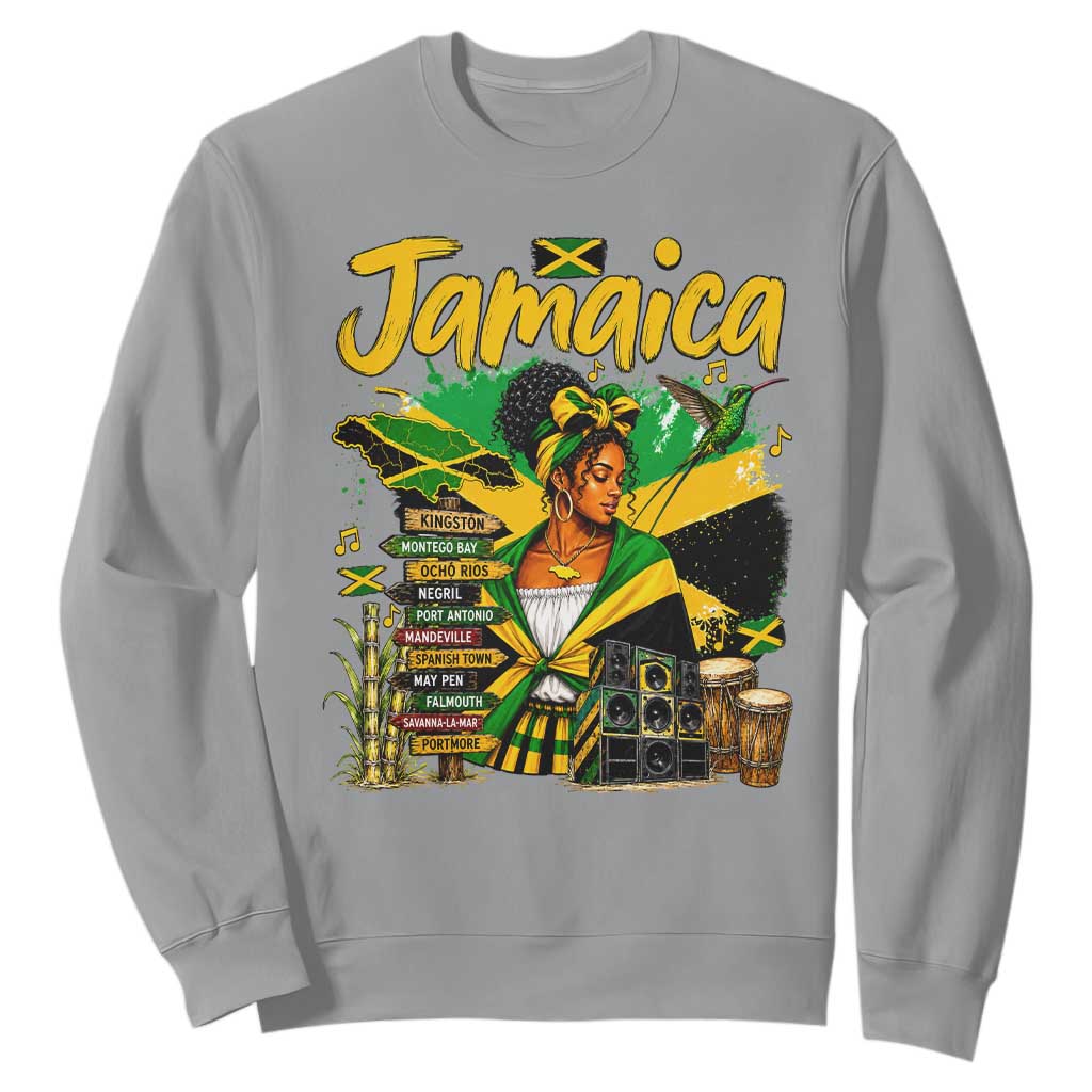 Proud Jamaican Queen Jamaica Roots Heritage Sweatshirt Doctor Bird and Island Landmarks Graphic