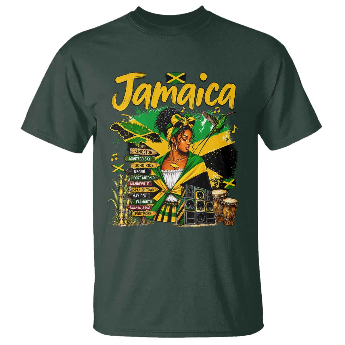 Proud Jamaican Queen Jamaica Roots Heritage T Shirt Doctor Bird and Island Landmarks Graphic