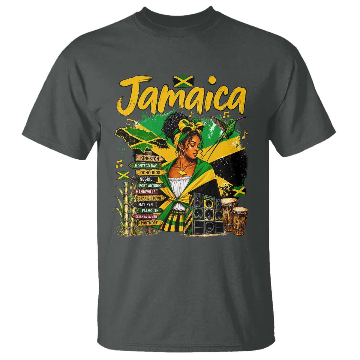 Proud Jamaican Queen Jamaica Roots Heritage T Shirt Doctor Bird and Island Landmarks Graphic